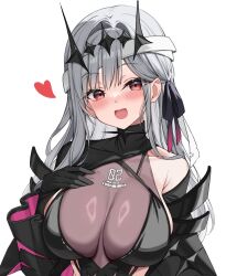  1girl :d black_dress black_gloves black_ribbon blush breasts cleavage detached_sleeves diadem dress gloves goddess_of_victory:_nikke grey_hair hair_ribbon hand_on_own_chest heart highres large_breasts long_hair marian_(nikke) modernia_(nikke) modernia_(second_affection)_(nikke) open_mouth red_eyes ribbon see-through see-through_cleavage simple_background smile solo white_background yuxian_youka 