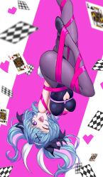  1girl animal_ears ass black_leotard blue_hair breasts card curly_hair fake_animal_ears hair_ornament hanging_breasts hatsune_miku heart heart-shaped_pupils heels large_breasts leotard natalyb one_eye_closed open_mouth pantyhose pink_background playboy_bunny poker pure_pure_(rabbit_hole) smile suggestive suggestive_look symbol-shaped_pupils teeth upper_teeth_only vocaloid x_hair_ornament 