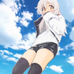  1girl black_thighhighs blue_sky cloud covering_own_mouth day genderswap genderswap_(mtf) hand_over_own_mouth highres jacket looking_at_viewer mizumori_keiichi onii-chan_wa_oshimai! outdoors oyama_mahiro short_shorts shorts sky solo standing thigh_focus thighhighs white_jacket yellow_eyes  rating:General score:11 user:Windsofgold