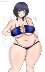  1girl absurdres alternate_body_size alternate_breast_size artist_name asaka_karin bikini blue_bikini blue_eyes blue_hair blunt_bangs blush breasts cleavage collarbone commentary contrapposto covered_erect_nipples english_commentary feet_out_of_frame hands_on_own_hips highres large_breasts looking_at_viewer love_live! love_live!_nijigasaki_high_school_idol_club making-of_available medium_hair mole mole_on_body mole_on_collarbone multiple_moles navel noiretox open_mouth plump puff_of_air simple_background solo sweat swimsuit teeth thick_thighs thighs upper_teeth_only white_background wide_hips  rating:Questionable score:13 user:danbooru