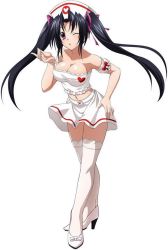    1girl black_hair breasts hat high_heels high_school_dxd large_breasts long_hair nurse official_art open_mouth purple_eyes serafall_leviathan skirt smile solo standing thighhighs twintails white_background white_legwear wink  rating:Questionable score:37 user:arutos
