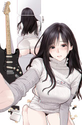 1girl absurdres artist_name ass bare_legs barefoot black_eyes black_hair black_panties blush breasts commentary_request grey_sweater guitar highres hitomi_o instrument large_breasts long_hair long_sleeves looking_at_viewer mirror mole mole_under_mouth original outstretched_arm panties plectrum pov reflection ribbed_sweater sitting solo sweater turtleneck turtleneck_sweater underwear white_background zipper zipper_pull_tab rating:Sensitive score:58 user:danbooru