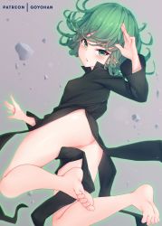 1girl ass barefoot black_dress blush breasts clothes_between_thighs commentary curly_hair donedone dress feet from_behind green_eyes green_hair long_sleeves looking_at_viewer no_panties one-punch_man short_hair small_breasts soles solo tatsumaki telekinesis toes rating:Sensitive score:101 user:danbooru