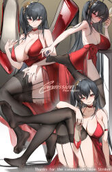  1girl ass azur_lane bare_shoulders black_garter_straps black_hair black_thighhighs blush breast_rest breasts choker cleavage cocktail_dress commission cup dress drinking_glass earrings english_text evening_gown feet garter_straps hair_between_eyes high_heels highres huge_breasts jewelry kyuri_tizu lace lace-trimmed_legwear lace-trimmed_thighhighs lace_trim long_hair looking_at_viewer multiple_views official_alternate_costume patent_heels pixiv_commission pumps red_choker red_dress red_eyes red_footwear shoes stiletto_heels taihou_(azur_lane) taihou_(forbidden_feast)_(azur_lane) thank_you thighhighs unworn_shoes very_long_hair 
