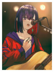  1girl acoustic_guitar black_background blue_eyes blurry blurry_background border collarbone diamond_earrings drop_earrings earrings guitar hand_up highres holding holding_guitar holding_instrument holding_plectrum hood hood_down hooded_jacket instrument isshiki_(ffmania7) jacket jewelry kamitsubaki_studio looking_ahead medium_hair microphone_stand music open_clothes open_jacket open_mouth playing_guitar playing_instrument plectrum purple_hood purple_shirt red_eyes red_jacket rim_(kamitsubaki_studio) shirt shoulder_strap singing solo stage_lights upper_body virtual_youtuber white_border yellow_pupils 
