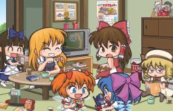  6+girls :d ^_^ blonde_hair blue_bow blue_eyes blue_hair blunt_bangs bow bowtie brown_bow brown_bowtie brown_eyes brown_hair calendar_(object) can character_doll chestnut_mouth chibi cirno closed_eyes closed_mouth controller copyright_request crt detached_sleeves dress drill_hair drink_can famicom famicom_gamepad flandre_scarlet flower fujiwara_no_mokou full_body game_console game_controller glasses grey-framed_eyewear grin hair_between_eyes hair_bow hakurei_reimu hat hime_cut holding holding_controller holding_game_controller houraisan_kaguya ice ice_wings indoors izayoi_sakuya jun_sasaura kirisame_marisa long_hair looking_at_another luna_child medium_bangs medium_hair multiple_girls no_headwear open_mouth optimus_prime orange_hair pink_bow pink_eyes playing purple_bow quad_drills reading red_bow remilia_scarlet rubik&#039;s_cube short_hair sitting smile soda_can star_sapphire sunflower sunglasses sunny_milk tatami tea touhou transformers tray two_side_up white_dress white_hat white_sleeves wings 