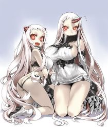 2girls airfield_hime arm_grab asanagi ass bare_shoulders blush boots breasts claws covered_erect_nipples detached_sleeves dress forehead full_body horn horns jpeg_artifacts kantai_collection knee_boots kneeling large_breasts long_hair multiple_girls open_mouth pale_skin red_eyes ribbed_dress seaport_princess shinkaisei-kan short_dress sideboob simple_background smile thighs very_long_hair white_hair