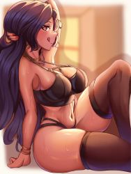 1girl arm_behind_head bikini blush bracelet breasts heart heart-shaped_pupils highres jewelry large_breasts licking_lips long_hair looking_at_viewer naughty_face navel nijisanji nijisanji_en scarle_yonaguni slayertot solo stomach sweat swimsuit symbol-shaped_pupils thick_thighs thighhighs thighs tongue tongue_out virtual_youtuber rating:Questionable score:51 user:JustHere4Butts