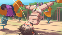  1girl arms_behind_back bdsm bondage bound brown_hair collar commentary crotch_rope drinking_pee female_focus flat_chest full_body kogakunama loli nipples open_mouth original outdoors panties golden_shower playground restrained shibari shoes socks solo spread_legs spring_rider suspension topless twintails underwear underwear_only unworn_clothes upside-down white_panties white_socks 