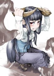  &gt;:( 1girl angry animal_ears black_hair blouse blush boots bow breasts clenched_teeth frown full_body high_heel_boots high_heels hime_cut horned_girl_(jaco) horns jaco long_hair long_skirt looking_at_viewer original pov pov_hands red_eyes shirt skirt small_breasts solo_focus squatting tears teeth v-shaped_eyebrows very_long_hair vest  rating:Sensitive score:15 user:danbooru