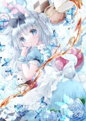  1girl alice_(alice_in_wonderland) alice_in_wonderland animal_ears apron back_bow blue_eyes blush bow bug butterfly candy checkerboard_cookie cheshire_cat_(alice_in_wonderland) cookie dress flower food hair_bow highres index_finger_raised insect long_hair looking_at_viewer lying moco_ofuton on_side original rabbit_ears rabbit_girl rabbit_tail rose short_sleeves solo stuffed_animal stuffed_rabbit stuffed_toy tail tea teapot two_side_up white_hair white_rabbit_(alice_in_wonderland) wrapped_candy wrist_cuffs 