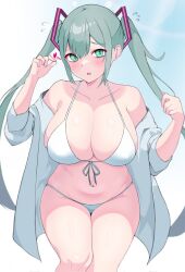  1girl bikini breasts commentary_request covered_erect_nipples flying_sweatdrops green_eyes green_hair halterneck hands_up hatsune_miku highres huge_breasts jacket long_hair looking_at_viewer mauichi off_shoulder open_mouth simple_background solo string_bikini swimsuit twintails vocaloid white_bikini white_jacket 