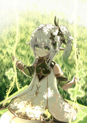  1girl absurdres bare_shoulders blush closed_mouth colored_eyelashes commentary_request cowboy_shot cross-shaped_pupils dappled_sunlight day detached_sleeves dress genshin_impact gradient_hair grass green_eyes green_hair green_sleeves hair_between_eyes hair_ornament hands_up highres leaf_hair_ornament long_hair looking_at_viewer mino_(minori) multicolored_hair nahida_(genshin_impact) outdoors pointy_ears short_sleeves side_ponytail sidelocks sitting sleeveless sleeveless_dress smile solo split_mouth sunlight swing symbol-shaped_pupils upturned_eyes w_arms white_dress white_hair 