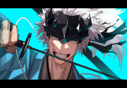  1boy absurdres blue_eyes facial_scar fate/grand_order fate_(series) grey_hair grin hair_slicked_back haruakira highres holding holding_sword holding_weapon katana long_hair looking_at_viewer male_focus nagakura_shinpachi_(fate) ponytail portrait scar scar_on_cheek scar_on_face shinsengumi smile solo spiked_headband sword weapon white_hair 