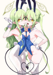  2girls animal_ears armpits asanagi bare_shoulders blue_archive blue_leotard blush bow bowtie breasts cleavage collarbone covered_navel demon_tail detached_collar earrings fake_animal_ears fake_tail fang frown gloves green_hair groin hair_between_eyes hairband halo hand_on_own_hip heart heart_tail highleg highleg_leotard highres hikari_(blue_archive) holding_hands interlocked_fingers jewelry leotard long_hair looking_at_viewer mesugaki multiple_girls nozomi_(blue_archive) open_mouth pantyhose playboy_bunny pointy_ears rabbit_ears rabbit_tail shadow sidelocks simple_background small_breasts smile smug strapless strapless_leotard tail thighhighs thighs tongue tongue_out twintails upper_body very_long_hair white_background white_gloves white_hairband white_pantyhose white_thighhighs white_wrist_cuffs wrist_cuffs yellow_eyes 