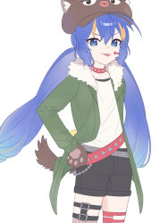  1girl ahoge alternate_costume animal_hands animal_hat aqua_hair arm_at_side asymmetrical_legwear belt belt_buckle black_shorts blue_eyes blue_hair brown_hat brown_tail buckle buttons cat_hat chain closed_mouth coat collar collarbone dog_tail facial_mark fishnet_thighhighs fishnets fur-trimmed_coat fur_trim gradient_hair green_coat hair_between_eyes hand_on_own_hip hat highres legwear_garter long_hair long_sleeves looking_at_viewer low_twintails mismatched_legwear multicolored_hair multicolored_thighhighs multiple_belts open_clothes open_coat orange_hair otomachi_una otomachi_una_(spicy) red_belt red_collar red_thighhighs shirt shorts solo spiked_collar spikes streaked_hair suiso_sn3 tail thighhighs tongue tongue_out twintails v-shaped_eyebrows very_long_hair vocaloid white_background white_shirt white_thighhighs 