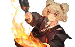  +_+ 1girl :q absurdres animal_ears arknights bear_ears black_jacket blue_shirt bottle candy candy_hair_ornament closed_mouth eyebrows_hidden_by_hair fire fixro2n flambe food food-themed_hair_ornament frying_pan gummy_(arknights) hair_between_eyes hair_ornament hairclip highres holding holding_bottle jacket light_brown_hair lollipop long_sleeves looking_away open_clothes open_jacket puffy_long_sleeves puffy_sleeves sailor_collar shirt short_hair simple_background smile solo swirl_lollipop tongue tongue_out upper_body white_background white_sailor_collar 