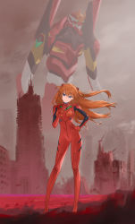 1girl absurdres artist_request blue_eyes bodysuit breasts building city curvy eva_02 floating_hair full_body hand_on_own_hip highres interface_headset long_hair looking_to_the_side mecha neon_genesis_evangelion plugsuit red_bodysuit robot sky smile solo_focus souryuu_asuka_langley standing teeth two_side_up upper_teeth_only very_long_hair wide_hips rating:General score:8 user:fakyuh