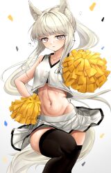  1girl absurdres alternate_costume animal_ear_fluff animal_ears arknights bare_shoulders black_thighhighs bright_pupils brown_eyes cheerleader collarbone commentary confetti cowboy_shot crop_top cropped_shirt floating_hair gradient_background grey_background grey_hair grey_shirt grey_skirt grey_tail groin hair_intakes hand_on_own_hip highres horse_ears horse_girl horse_tail knee_up long_hair looking_at_viewer miniskirt navel parted_lips platinum_(arknights) pleated_skirt pom_pom_(cheerleading) ponytail putcho shirt sidelocks skirt sleeveless sleeveless_shirt solo standing standing_on_one_leg stomach sweat tail thighhighs white_background white_pupils 