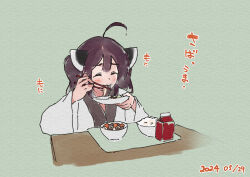  1girl ahoge blush bowl brown_hair chopsticks closed_eyes closed_mouth dated eating facing_viewer food food_request green_background headgear holding holding_chopsticks holding_plate japanese_clothes kimono lamb_(hitsujiniku) long_sleeves plate rice solo table touhoku_kiritan translation_request twintails upper_body voiceroid white_kimono wide_sleeves 
