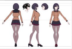 1girl black_hair breasts character_sheet concept_art female_focus flat_color full_body high_heels large_breasts miyamoto_issa mole mole_under_eye multiple_views pantyhose school_uniform shoes short_hair skirt standing uniform white_background rating:Questionable score:16 user:cheezeit