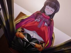  1girl blue_skin blush bug colored_skin closed_eyes game_cg indoors arthropod_girl japanese_clothes kimono monster_girl open_mouth princess_x purple_skin solo spider spider_girl  rating:Questionable score:22 user:OtherguyatHislaptop