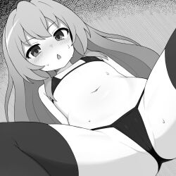  1girl aisaka_taiga bikini blush cameltoe commentary flat_chest greyscale long_hair looking_at_viewer micro_bikini mikoscrub monochrome navel open_mouth partially_visible_vulva solo spread_legs sweat swimsuit symbol-only_commentary thighhighs toradora!  rating:Questionable score:201 user:danbooru