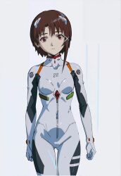  1girl artist_request breasts brown_hair closed_mouth cosplay gluteal_fold hair_ornament highres iwakura_lain looking_at_viewer neon_genesis_evangelion petite plugsuit red_eyes serial_experiments_lain short_hair simple_background skin_tight skinny small_breasts source_request  rating:Sensitive score:41 user:magmatic