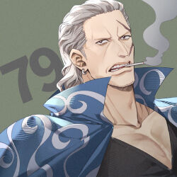  1boy benn_beckman black_hair cigarette collarbone commentary commentary_request earrings english_commentary facial_hair grey_hair jewelry male_focus medium_hair mixed-language_commentary mouth_hold one_piece open_mouth scar scar_on_face smoke solo teeth yoshicha 