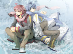  2boys ahoge akaito back-to-back bad_id bad_pixiv_id beamed_quavers blue_eyes blue_hair blue_scarf fang kaito_(vocaloid) konako male_focus multiple_boys musical_note red_eyes red_hair scarf sheet_music sitting vocaloid  rating:Sensitive score:7 user:danbooru