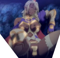10s 1girl absurdres bikini bikini_warriors breasts closed_eyes dark-skinned_female dark_elf_(bikini_warriors) dark_skin female_focus gradient_background highres large_breasts long_hair lying reclining solo spread_legs stitched swimsuit third-party_edit rating:Questionable score:32 user:arutos