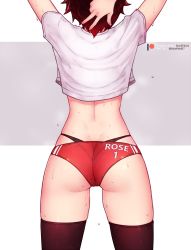 1girl arms_up ass back black_hair black_panties black_thighhighs bluefield buruma cameltoe crop_top elbow_pads from_behind gradient_hair gym_uniform highres micro_shorts multicolored_hair panties pantylines red_buruma red_hair ruby_rose rwby short_hair short_shorts shorts solo standing sweat thigh_gap thighhighs thighs thong two-tone_hair underwear whale_tail_(clothing) rating:Questionable score:450 user:danbooru