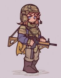  1girl :| a_hat_in_time armor blue_eyes boots brown_footwear brown_hair brown_pants bulletproof_vest camouflage camouflage_headwear camouflage_vest cape child closed_mouth combat_helmet commentary english_commentary fujimna full_body grey_background gun hat_kid headphones helmet holding holding_gun holding_weapon jacket long_sleeves looking_at_viewer looking_to_the_side medium_hair microphone pants purple_jacket rifle shadow shoulder_armor shoulder_strap simple_background solo standing torn_cape torn_clothes v-shaped_eyebrows weapon weapon_request yellow_cape 