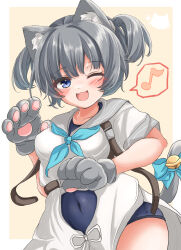  1girl animal_ears animal_hands aqua_neckerchief bell blue_eyes blue_neckerchief blue_one-piece_swimsuit cat_ears cat_tail eighth_note gloves grey_hair grey_sailor_collar highres i-36_(kancolle) jingle_bell kantai_collection kasashi_(kasasi008) looking_at_viewer musical_note neckerchief one-piece_swimsuit one_eye_closed paw_gloves sailor_collar sailor_shirt school_swimsuit shirt short_hair smile solo spoken_musical_note swimsuit swimsuit_under_clothes tail tail_bell tail_ornament twintails 
