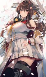  1girl asymmetrical_legwear bare_shoulders breasts brown_eyes brown_hair cherry_blossoms coat commentary_request cowboy_shot detached_sleeves falling_petals flower hair_between_eyes hair_flower hair_intakes hair_ornament headgear highres kantai_collection kasumi_(skchkko) large_breasts long_hair long_sleeves looking_at_viewer miniskirt oil-paper_umbrella petals pleated_skirt ponytail sailor_collar shirt sidelocks single_thighhigh skirt smile solo sunset thighhighs umbrella very_long_hair white_shirt white_skirt yamato_(kancolle) yamato_kai_ni_(kancolle) 
