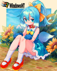  1girl :&lt; animal_collar blue_dress blue_eyes blue_gloves blue_hair bow bowtie collar collared_dress dog_tail dress flower gloves hair_bow halftone highres inu-t looking_at_viewer microsoft_windows multicolored_hair nt-tan os-tan panties ponytail red_footwear shoes sitting sleeveless sleeveless_dress socks solo sunflower tail tsukiyono_aroe underwear white_hair white_panties windows_logo yellow_bow yellow_bowtie 