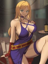  1girl arm_support blonde_hair breasts cleavage covered_erect_nipples dress fatal_fury fingerless_gloves garou:_mark_of_the_wolves gloves green_eyes hand_on_own_hip highres jenet_behrn large_breasts legs looking_at_viewer no_bra parted_lips rokuba sitting smile snk solo the_king_of_fighters the_king_of_fighters_xv thick_thighs thighs thong 