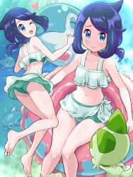 1girl ;d absurdres affectionate afloat bare_legs barefoot bikini black_hair blue_eyes closed_mouth collarbone commentary_request cowlick creatures_(company) eyelashes feet game_freak green_bikini happy heart highres innertube knees liko_(pokemon) looking_up multiple_views navel nintendo one_eye_closed open_mouth palafin pokemoa pokemon pokemon_(anime) pokemon_(creature) pokemon_horizons short_ponytail smile soles sprigatito swim_ring swimsuit toes underwater water