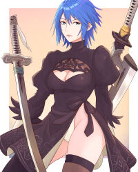  1girl 2b_(nier:automata) 2b_(nier:automata)_(cosplay) absurdres aqua_(kingdom_hearts) black_dress black_thighhighs blue_eyes blue_hair border breasts brown_background cleavage cleavage_cutout clothing_cutout commentary cosplay dress eyelashes highres kingdom_hearts leotard medium_breasts medium_hair nier:automata nier_(series) outside_border pink_lips puffy_sleeves simple_background smile solo standing sword thighhighs truejekart weapon weapon_on_back white_border white_leotard 