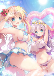  2girls ahoge aqua_eyes armpits arms_up ass bikini blonde_hair blue_flower blush breasts cameltoe cleavage commentary cowboy_shot curvy day floating_hair flower flower_bikini flower_wreath grey_hair groin hair_between_eyes hair_flower hair_ornament hand_up happy head_wreath heart heart-shaped_innertube highres large_breasts long_hair looking_at_viewer mikeou multiple_girls navel open_mouth original outdoors parted_lips purple_bikini red_flower sideboob smile striped_bikini striped_clothes sun sunlight swimsuit thigh_gap thighs twintails twitter_username water water_drop white_bikini yellow_flower 