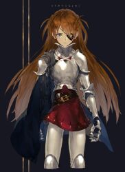  1girl armor artist_name belt belt_buckle black_belt black_cape blue_background blue_cape blue_eyes braid brown_hair buckle cape closed_mouth commentary cropped_legs crossed_belts dress expressionless eyelashes eyepatch full_armor hashtag-only_commentary highres leeis_cool long_hair looking_at_viewer neon_genesis_evangelion red_dress short_dress side_braids simple_background solo souryuu_asuka_langley straight-on two-sided_cape two-sided_fabric two_side_up very_long_hair 