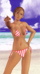 3d beach bikini breasts brown_hair dark_skin dead_or_alive hand_on_own_hip highres large_breasts lisa_hamilton looking_at_viewer official_art pointing swimsuit tecmo rating:Questionable score:11 user:jojosstand