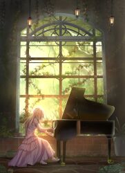  1girl absurdres ame_sagari blonde_hair brick_wall ceiling_light closed_eyes day dress elbow_gloves frilled_dress frills from_side full_body gloves high_heels highres indoors instrument lantern long_dress long_hair music on_stool original overgrown pink_dress pink_footwear pink_gloves plant playing_instrument playing_piano pleated_skirt potted_plant scenery sitting skirt sleeveless sleeveless_dress solo vines 