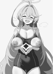  1girl ahoge bare_shoulders blue_archive blush breastless_clothes breasts broccoli_(broccoli2626) cleavage closed_eyes covered_navel facing_viewer greyscale halo highres huge_ahoge large_breasts long_hair monochrome nipples one-piece_swimsuit open_mouth own_hands_together school_swimsuit simple_background smile solo standing sweat swimsuit very_long_hair yume_(blue_archive) 