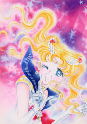  1girl ;d absurdres between_fingers bishoujo_senshi_sailor_moon bishoujo_senshi_sailor_moon_(first_season) blonde_hair blue_eyes blue_sailor_collar blush bow choker circlet crescent_choker earrings elbow_gloves gloves hair_ornament hairpin highres holding holding_mask jewelry long_hair looking_at_viewer mask official_art one_eye_closed open_mouth pink_background red_bow sailor_collar sailor_moon sailor_senshi_uniform scan smile solo star_(symbol) starry_background takeuchi_naoko transformation_brooch_(sailor_moon) tsukino_usagi twintails upper_body wavy_hair white_choker white_gloves white_mask 