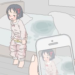  1girl artist_request bed black_hair blush cellphone clothes_pull flat_chest loli looking_at_viewer lowres one_(artist) original pajamas pants pants_pull peeing phone photo_(object) short_hair striped tagme  rating:Questionable score:15 user:loli-farewell