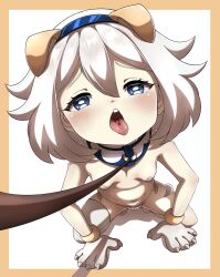  1girl all_fours animal_ears bikini bikini_bottom_only blue_eyes blue_hairband blush border breasts collar dog_ears dot_nose eroartdraw eyebrows eyelashes fake_animal_ears female_focus from_above full_body genshin_impact gloves hairband huge_filesize leash loli looking_at_viewer naughty_face open_mouth paimon_(genshin_impact) pasties paw_gloves pet_play pov short_hair side-tie_bikini_bottom simple_background small_breasts solo squatting swimsuit teeth thighhighs tongue tongue_out upper_teeth_only viewer_holding_leash white_background white_bikini white_hair white_pasties white_thighhighs yellow_border 