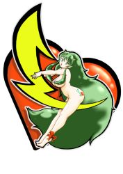  1girl ass breasts gpals78 green_eyes green_hair heart horns large_breasts long_hair looking_at_viewer lum matching_hair/eyes nipples nose_art nude oni open_mouth outline perky_breasts pointy_ears profile simple_background solo urusei_yatsura very_long_hair white_background 