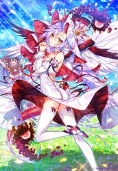  &gt;_&lt; 2girls age_of_ishtaria arm_up ascot bare_shoulders blue_sky blush bow breasts cagliostro_(age_of_ishtaria) cleavage creature detached_sleeves dress garter_straps grass hair_ornament hands_up highres horns leg_up long_hair looking_at_viewer multiple_girls munlu_(wolupus) outdoors own_hands_together pointy_ears purple_hair red_ascot red_hair red_ribbon ribbon saint_germain_(age_of_ishtaria) single_horn sky sleeveless sleeveless_dress striped_bow thighhighs veil white_dress white_thighhighs 