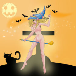 1girl artist_request barefoot bat_(animal) black_cat blonde_hair breasts cat dark_magician_girl feet halloween navel nipples nude one_eye_closed open_mouth orange_background pointing pussy riding small_breasts staff toes wink yu-gi-oh! yu-gi-oh!_duel_monsters